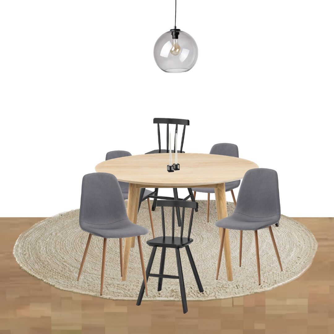 Virtuel design af spiseområde med rundt træbord og grå stole af Aesthetic Interior